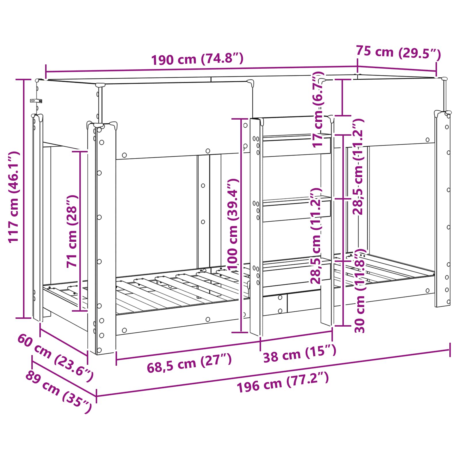Letto a Castello per Bambini Rovere Sonoma 75 x 190 cm | homemem39
