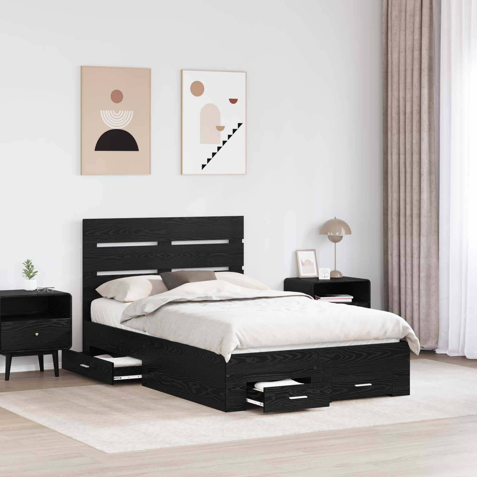 Struttura del letto Rovere Nero 135 x 190 cm Legno multistrato | homemem39