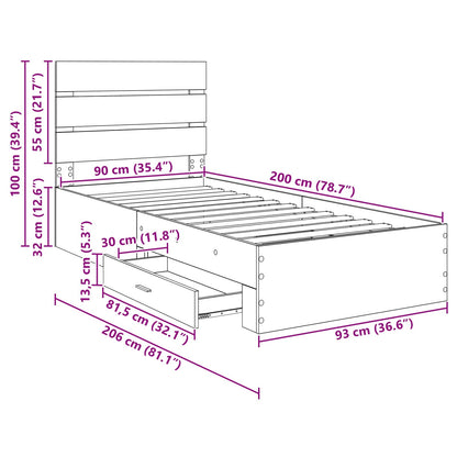 Struttura del letto con cassetto Rovere artigianale 90 x 200 cm