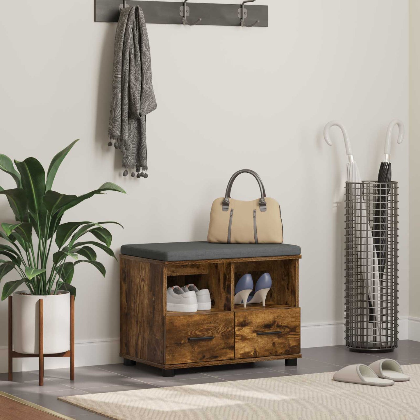 Panca per ingresso con cuscino Rovere fumé 60 x 38 x 46 cm