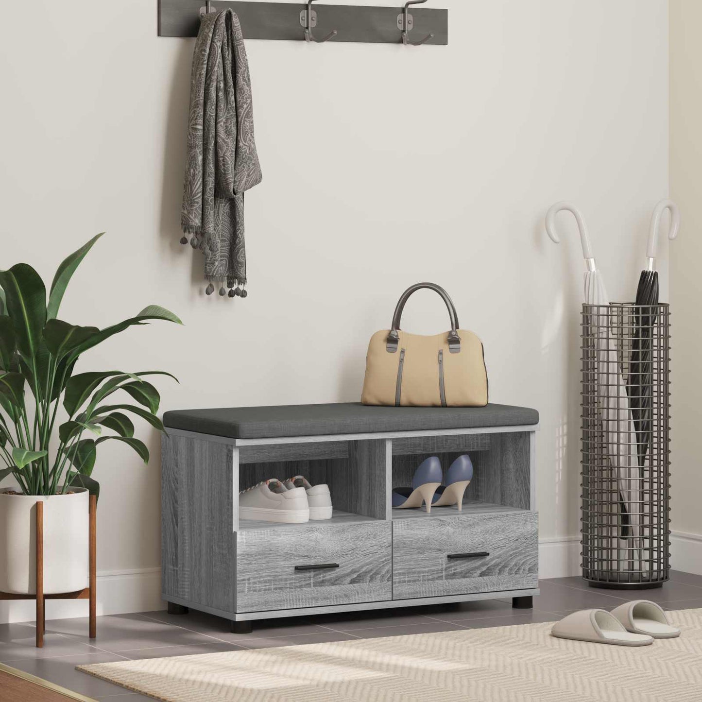 Panca per ingresso con cuscino Grigio Sonoma 80 x 38 x 46 cm
