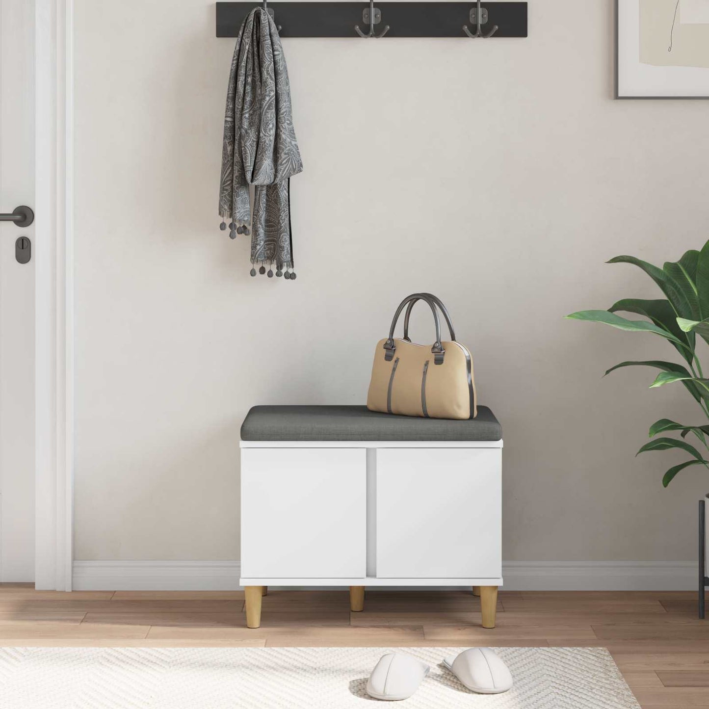 Panca per ingresso con cuscino con porta Bianco 60 x 38 x 46 cm