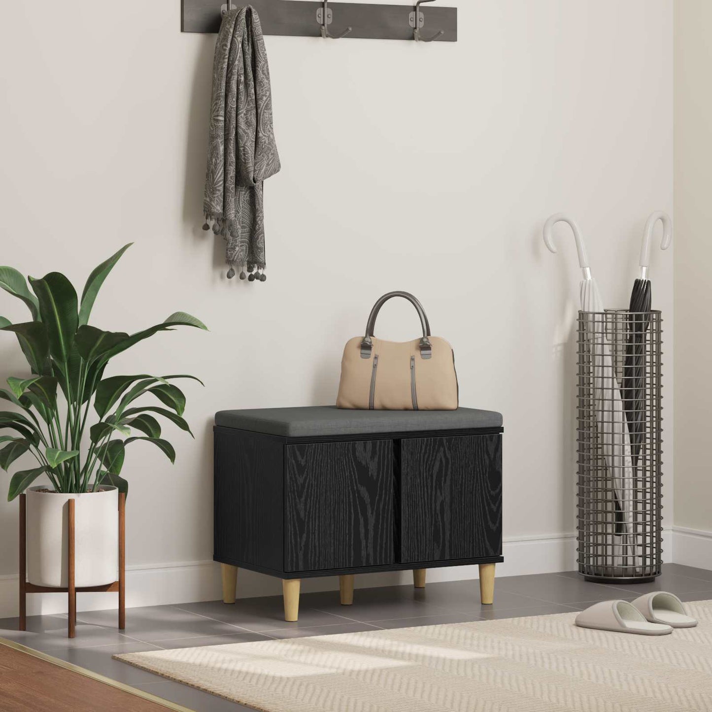 Panca per ingresso con cuscino Rovere Nero 60 x 38 x 46 cm