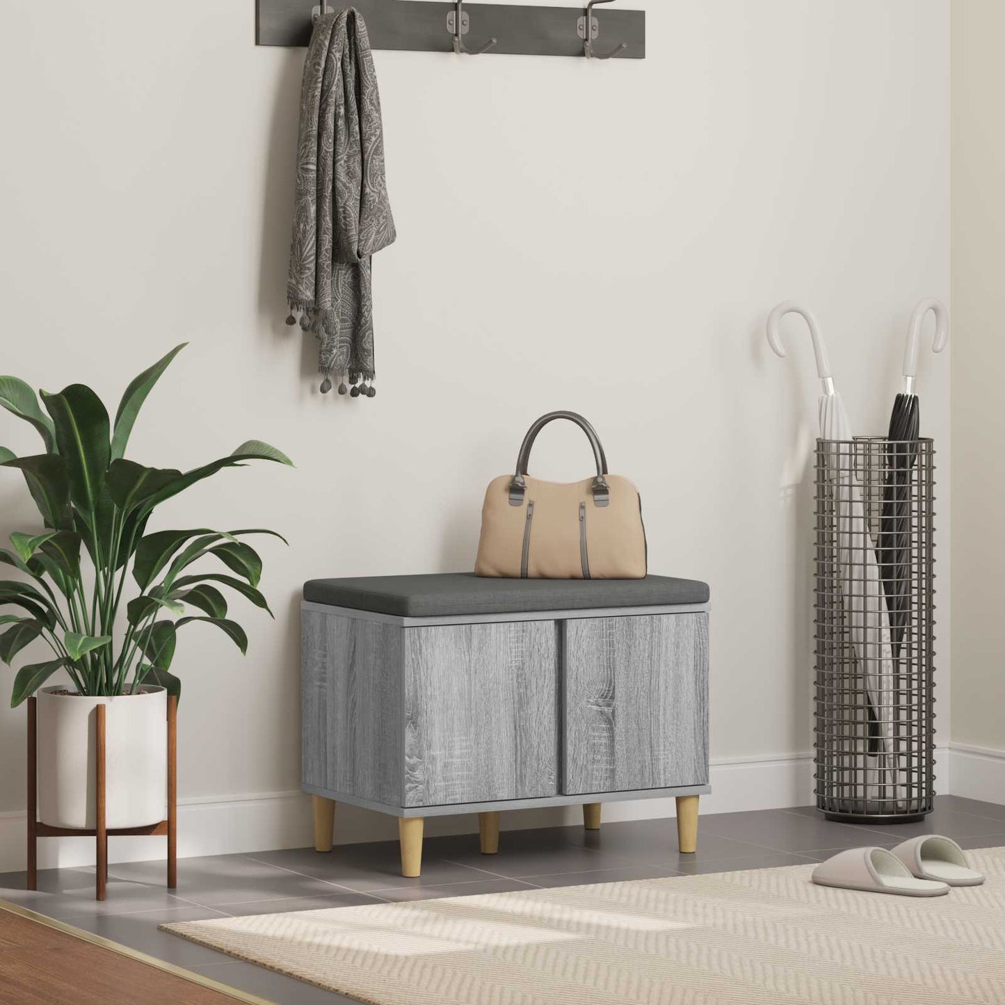 Panca per ingresso con cuscino Grigio Sonoma 60 x 38 x 46 cm