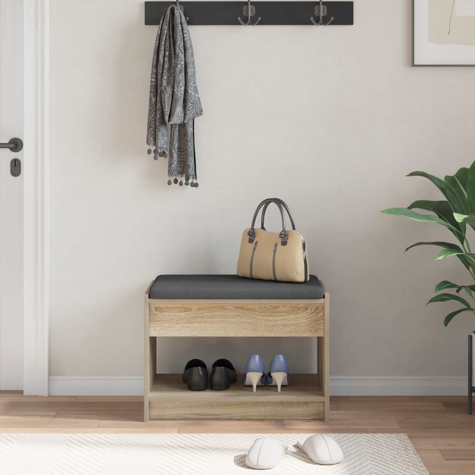 Panca per ingresso con cuscino Rovere Sonoma 63 x 38 x 45 cm | homemem39