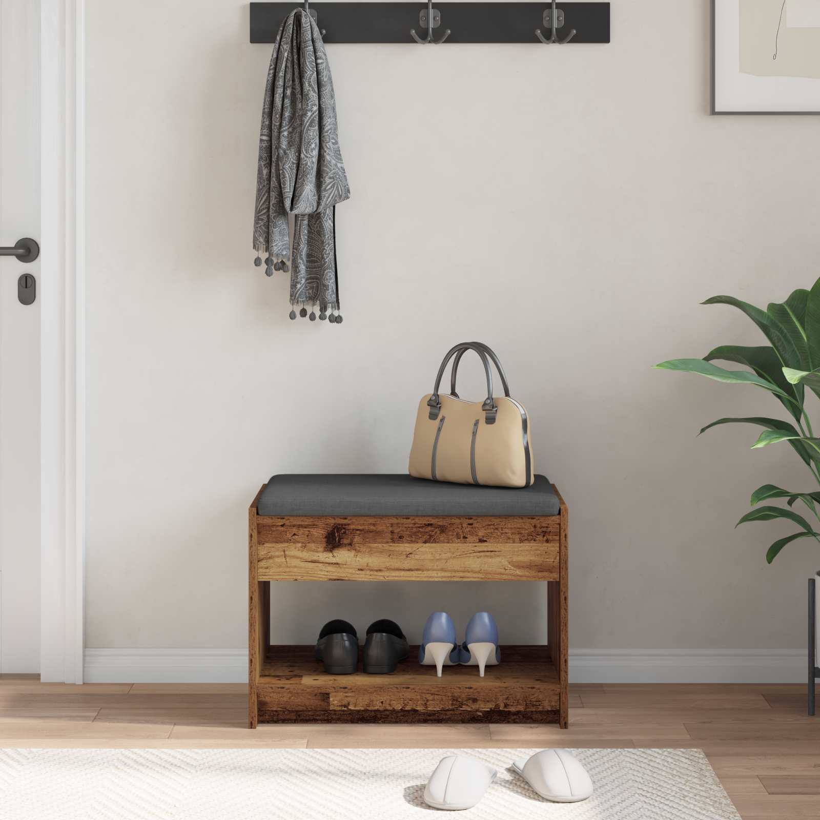 Panca per ingresso con cuscino Legno vecchio 63 x 38 x 45 cm | homemem39