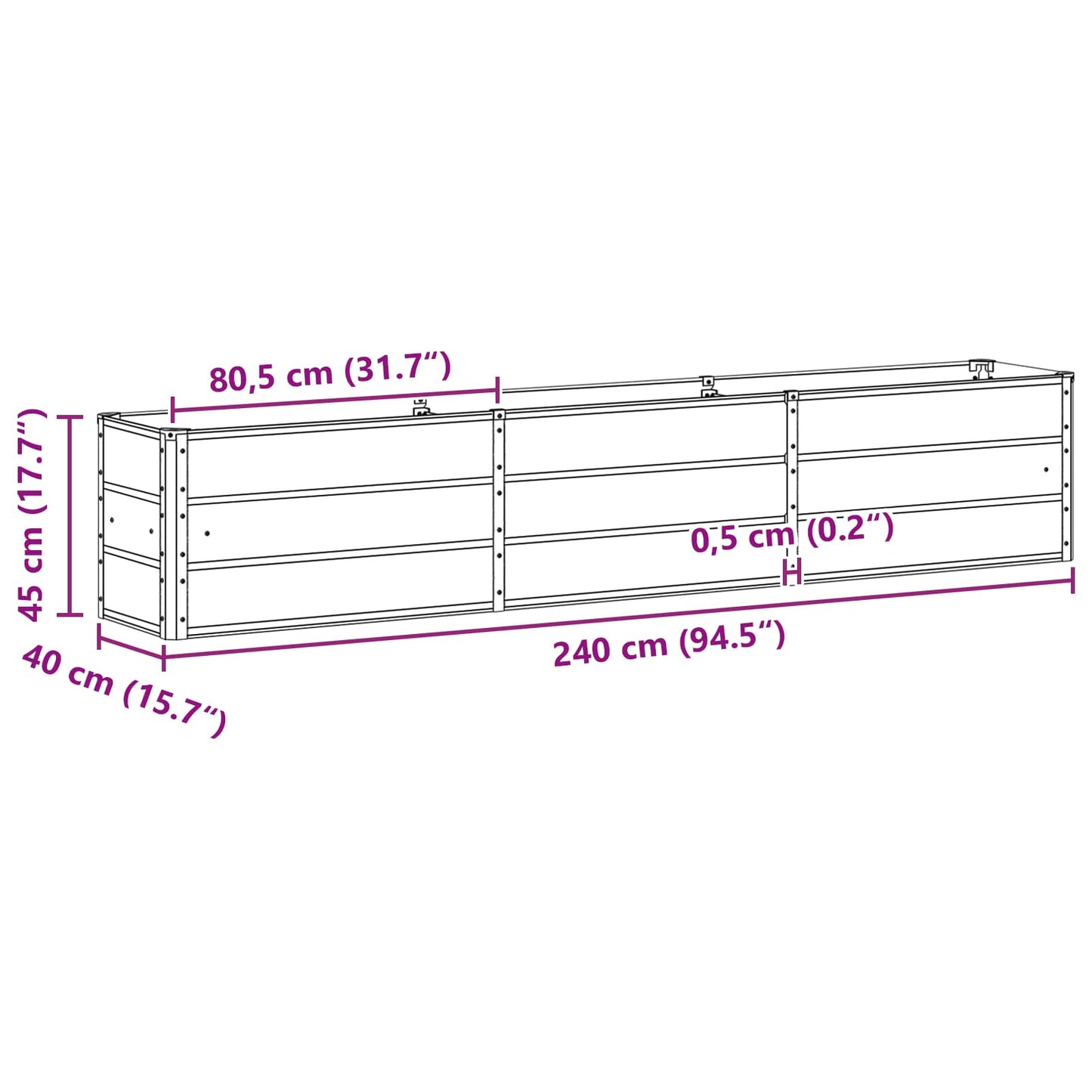 Fioriera Grigio chiaro 240 x 40 x 45 cm Acciaio