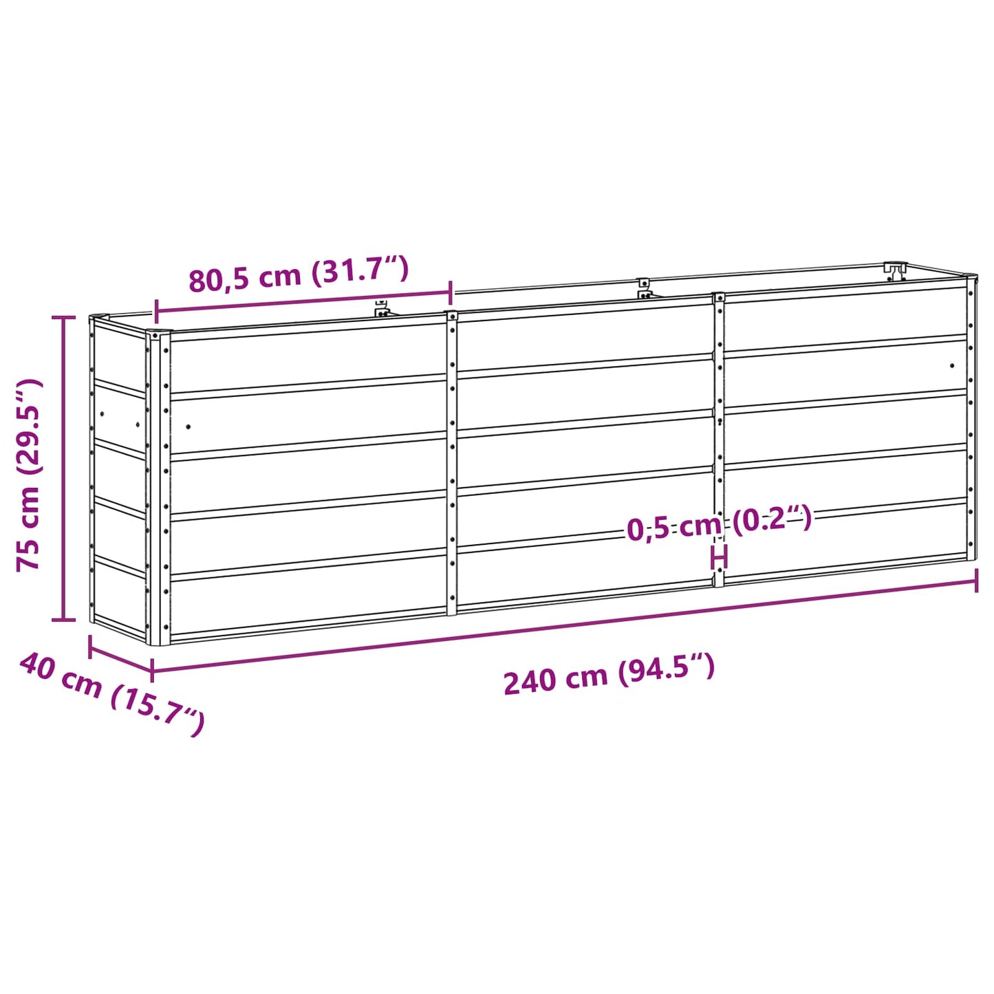 Fioriera Antracite 160 x 40 x 75 cm Acciaio