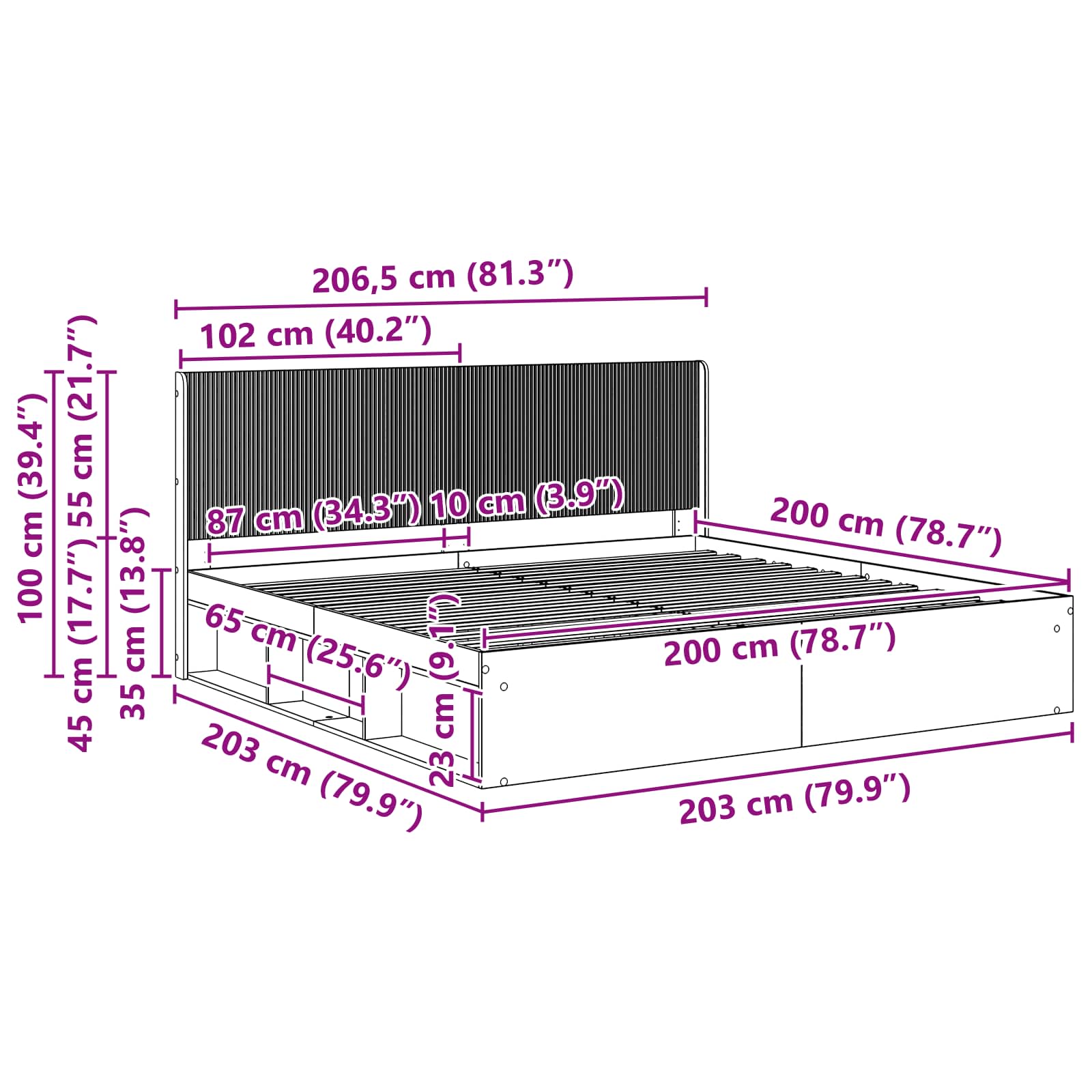 Struttura del letto con stoccaggio e testata Rovere Fumo | homemem39