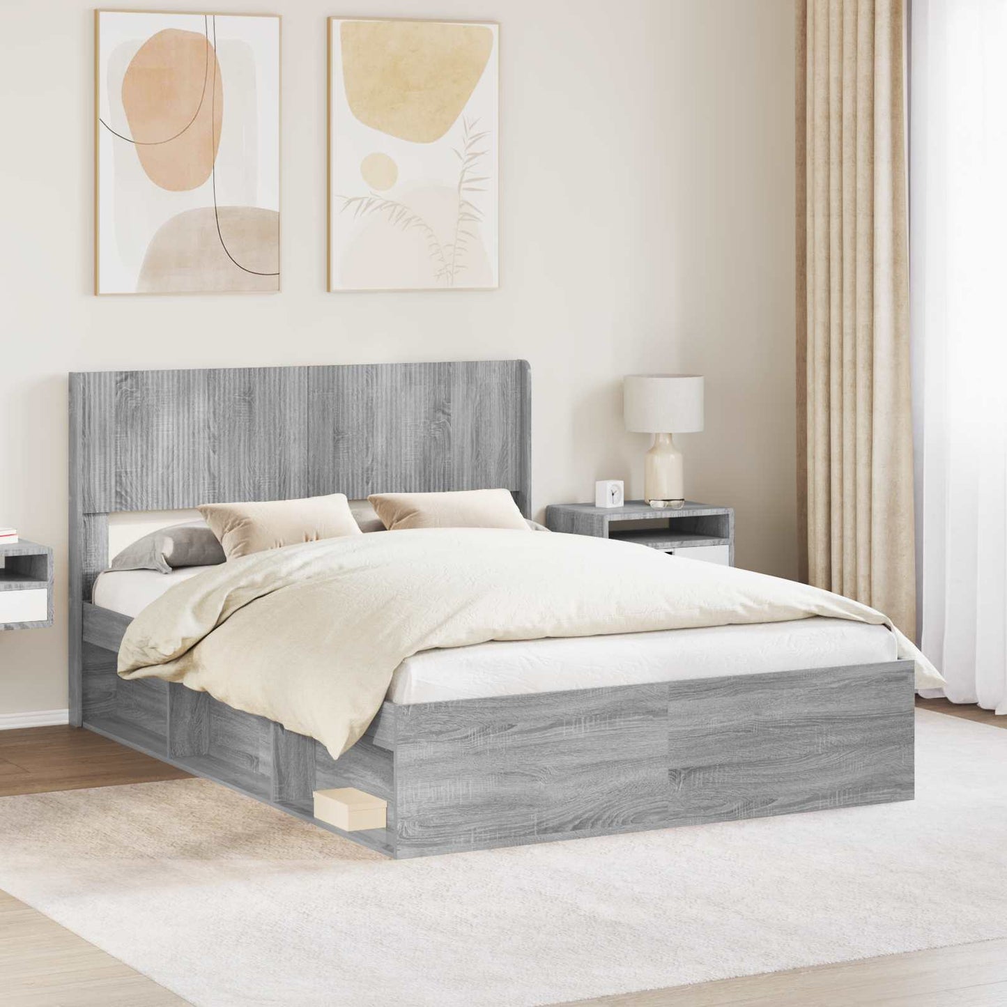 Struttura del letto con stoccaggio e testata Sonoma grigio | homemem39