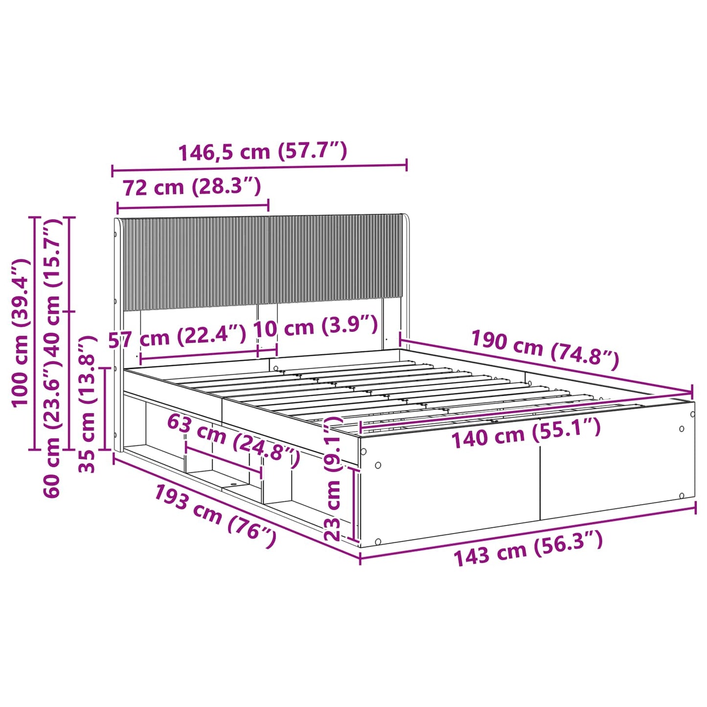 Struttura del letto con stoccaggio e testata Bianco | homemem39
