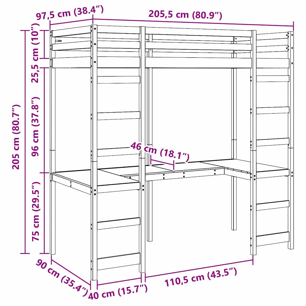 Struttura per letto soppalco Naturale 90 x 200 cm Pino massello | homemem39
