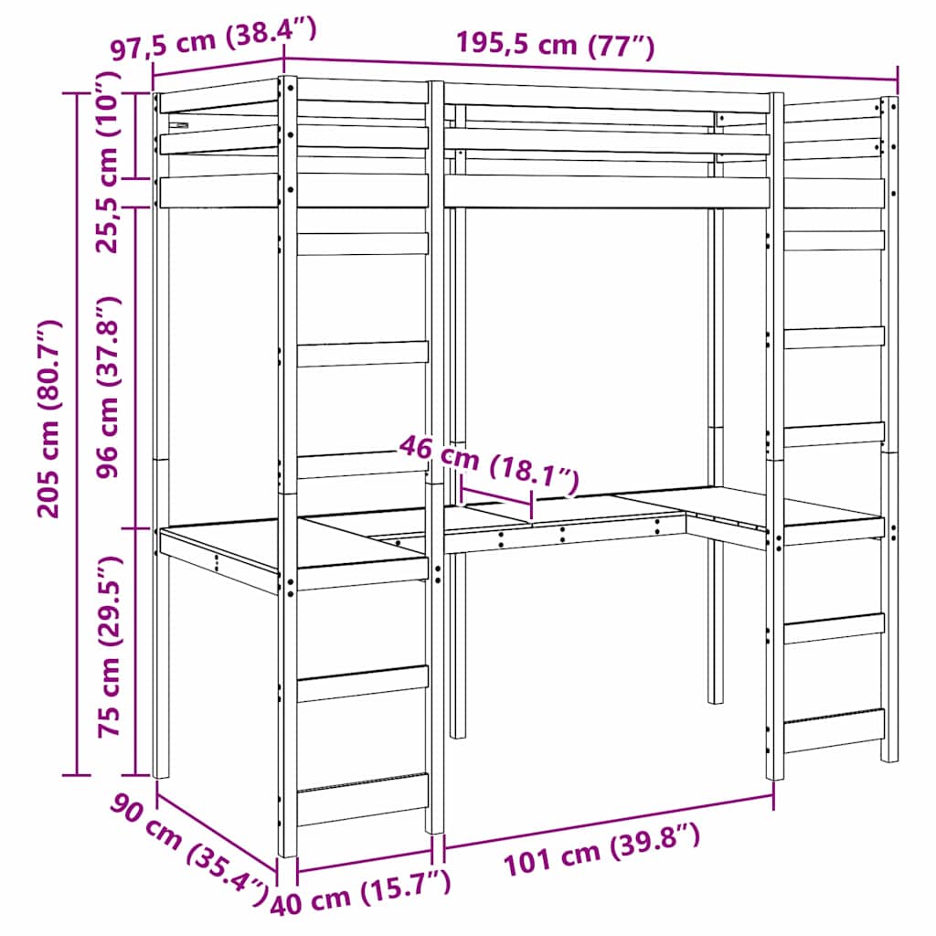 Struttura per letto soppalco Naturale 90 x 190 cm Pino massello | homemem39