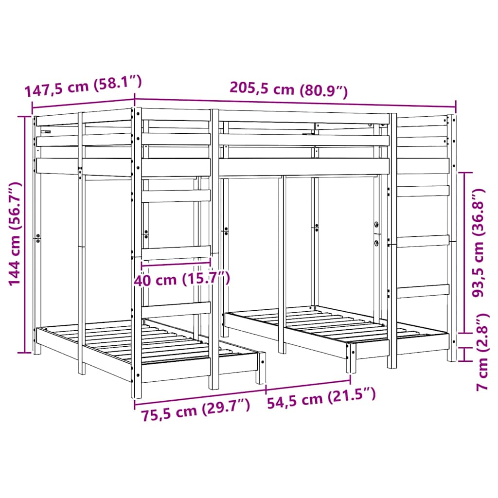 Struttura letto a castello triplo Cera marrone 140 x 200 cm | homemem39