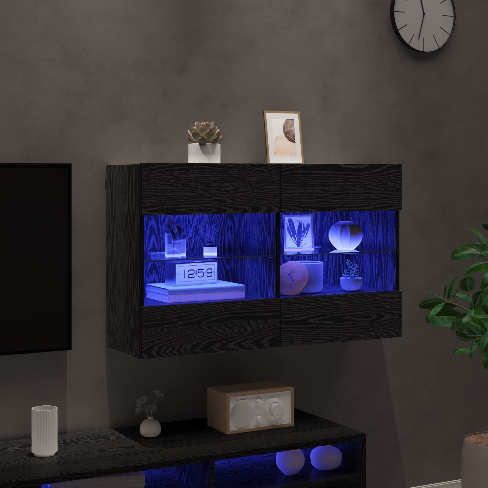 Mobile TV da parete con LED Rovere Nero 98,5 x 30 x 60,5 cm | homemem39