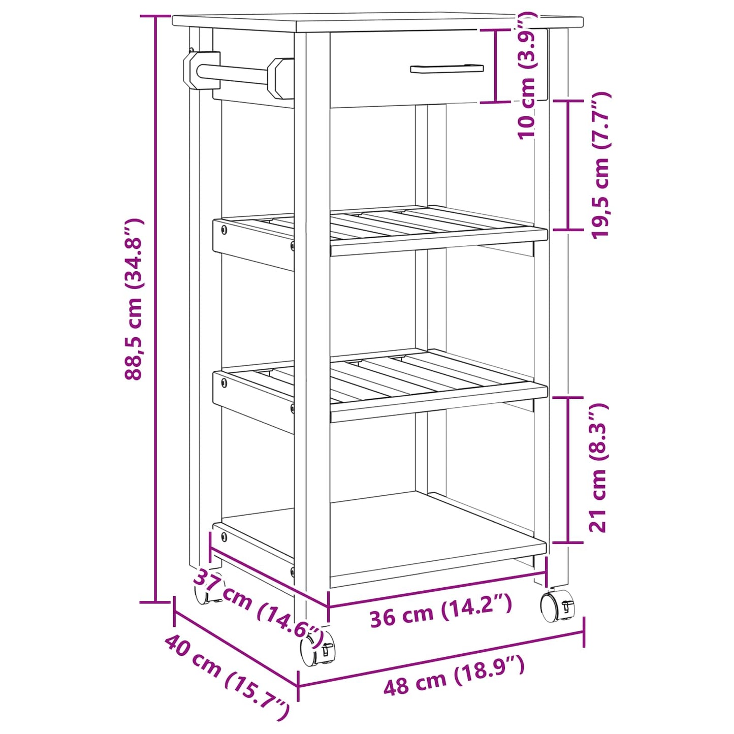 Carrello da Cucina Nero 88,5 x 40 x 48 cm