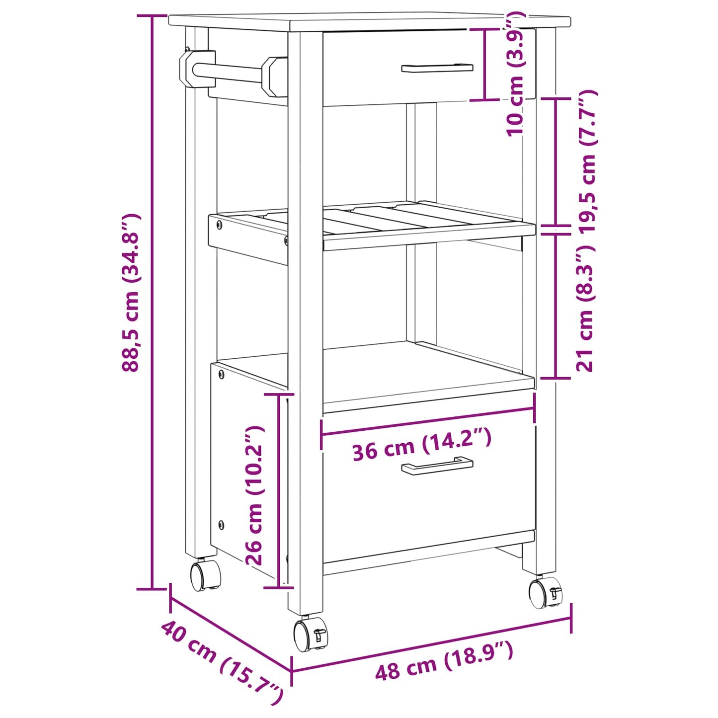 Carrello da Cucina Nero 88,5 x 40 x 48 cm