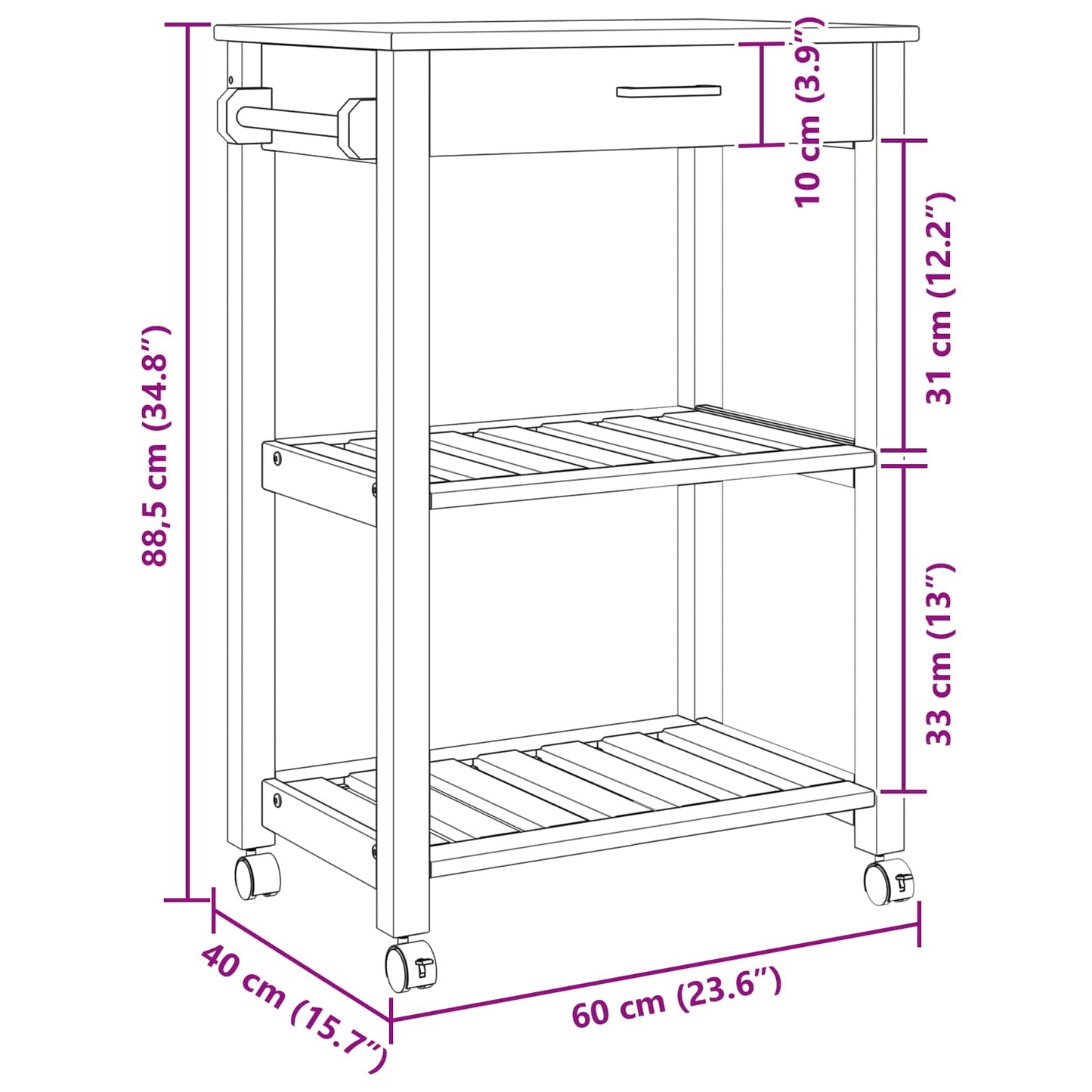 Carrello da Cucina Nero 88,5 x 40 x 60 cm