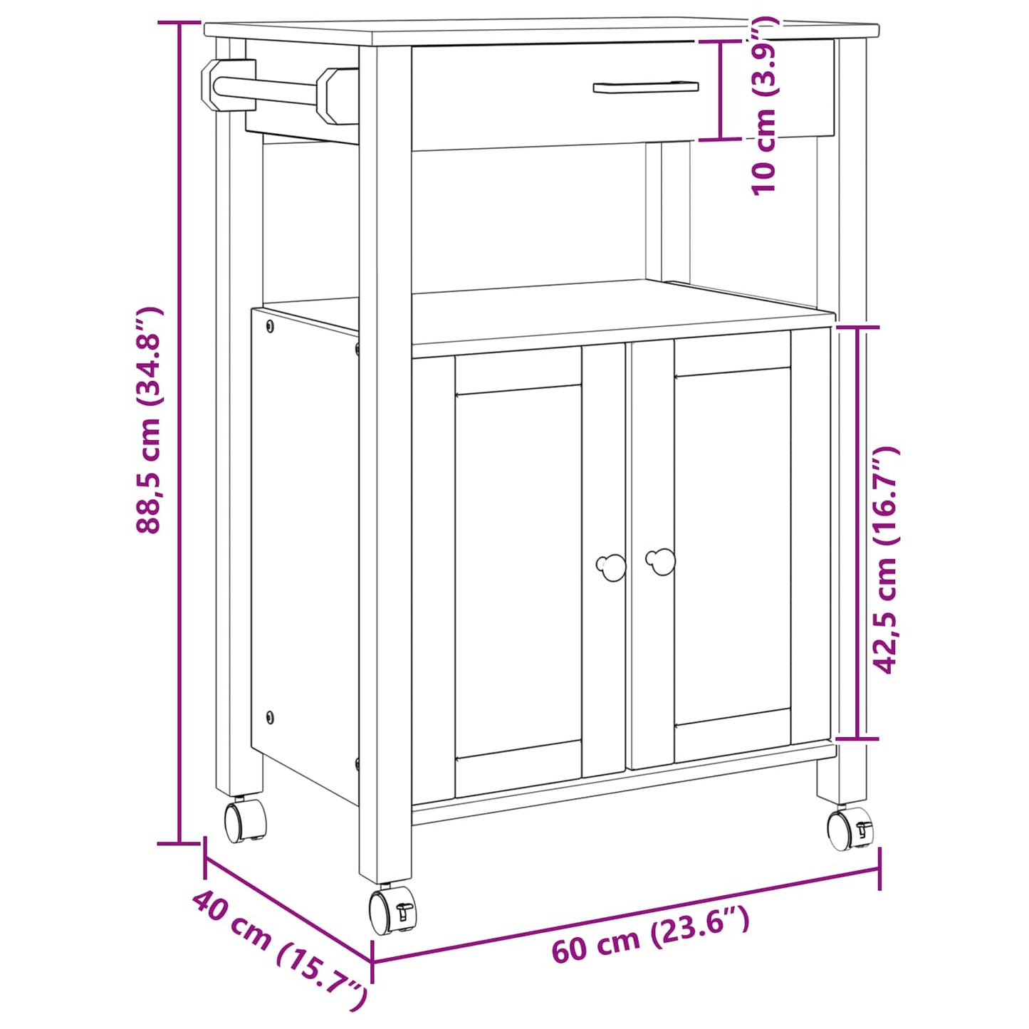 Carrello da Cucina Nero 88,5 x 40 x 60 cm