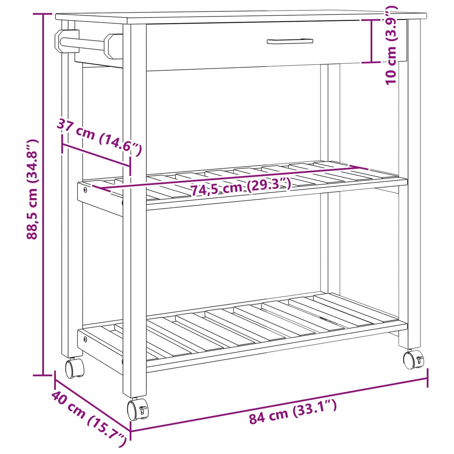 Carrello da Cucina Nero 88,5 x 40 x 84 cm