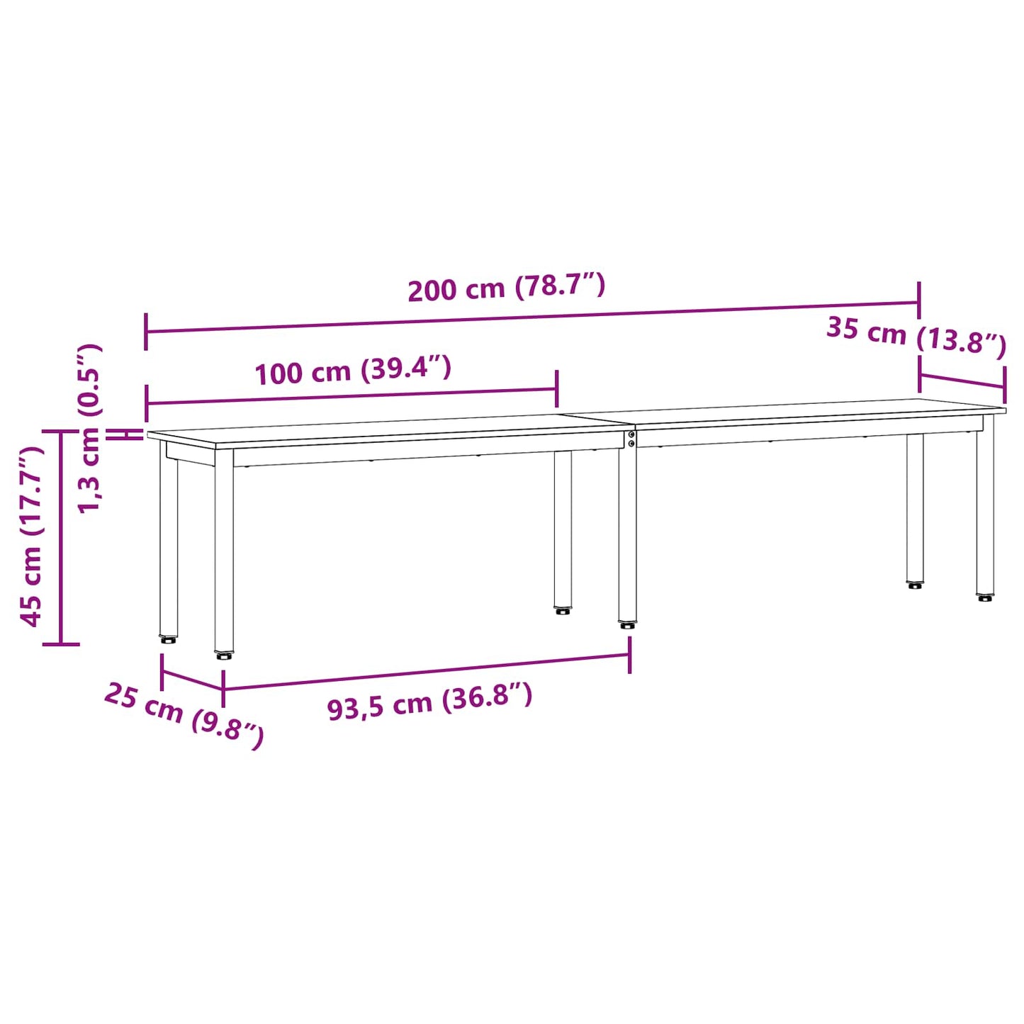 panchina Naturale 200 x 35 x 45 cm Pino massello