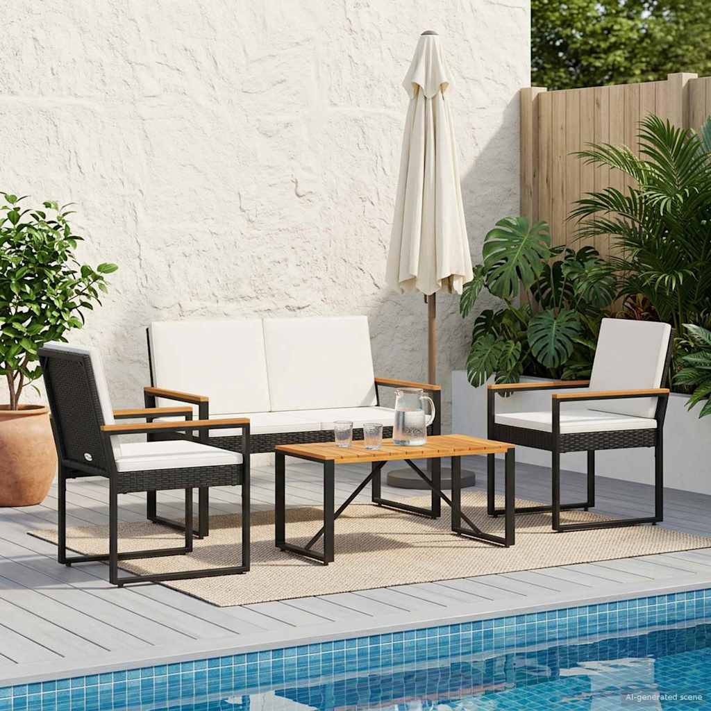 Set Mobili da Esterno 4 pcs Nero e Bianco Crema polyrattan | homemem39