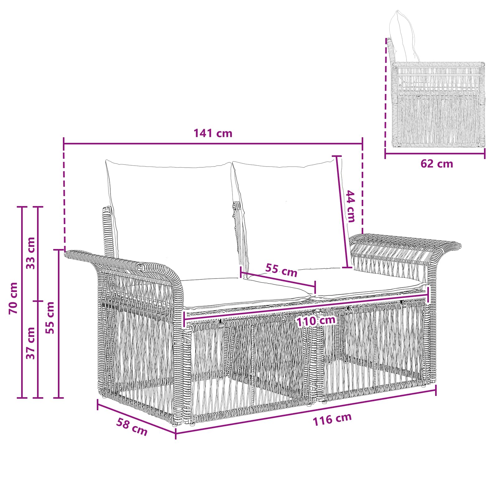Divano da giardino 2-Numero di posti Grigio polyrattan | homemem39