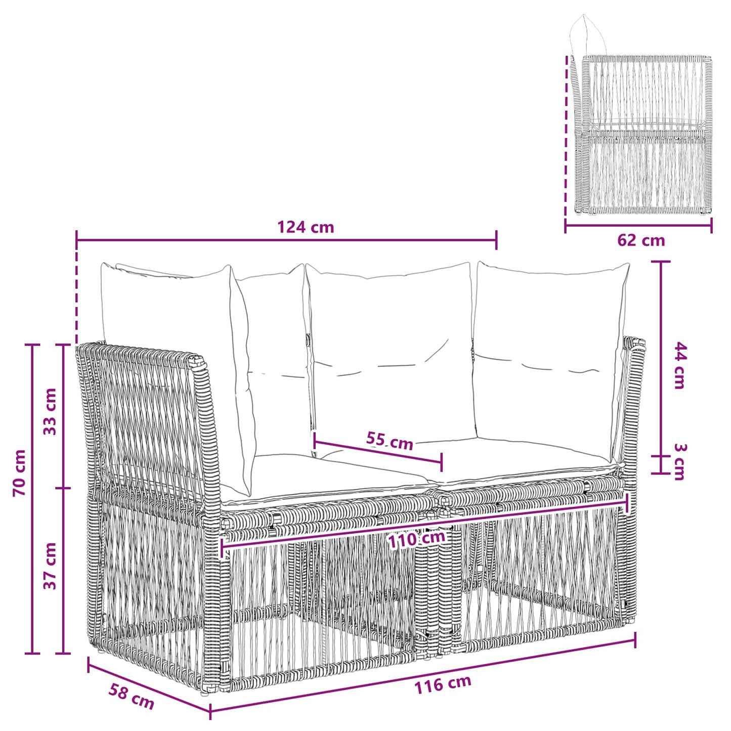 Divano da giardino 2-Numero di posti Nero polyrattan | homemem39