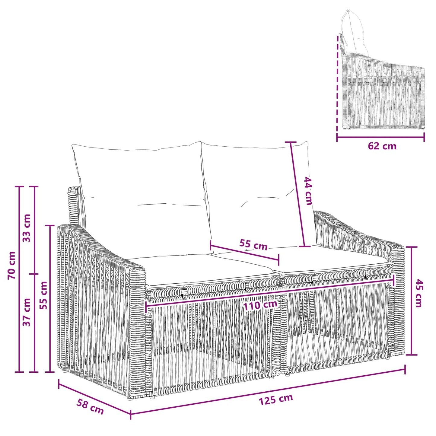 Divano da giardino 2-Numero di posti Nero polyrattan | homemem39