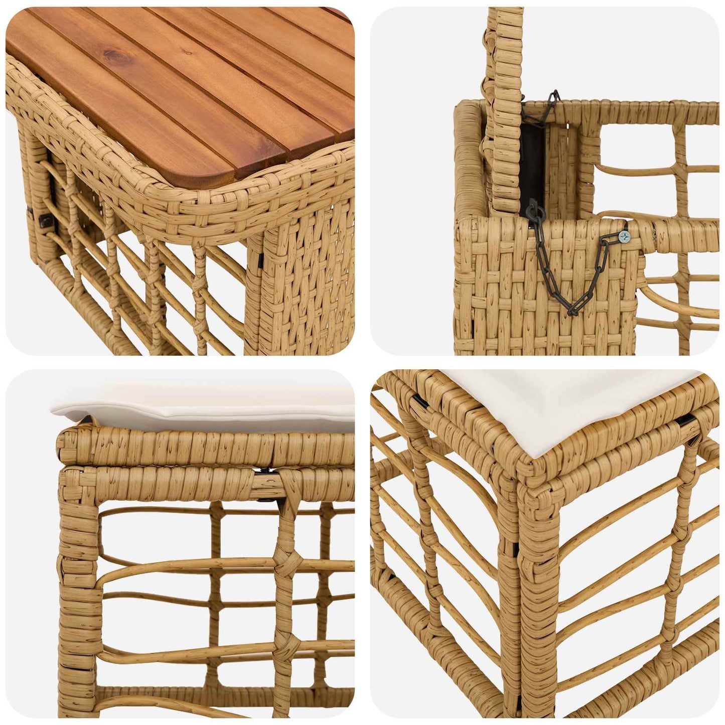 Set da Pranzo per Giardino con cuscino 3 pcs Naturale e Bianco