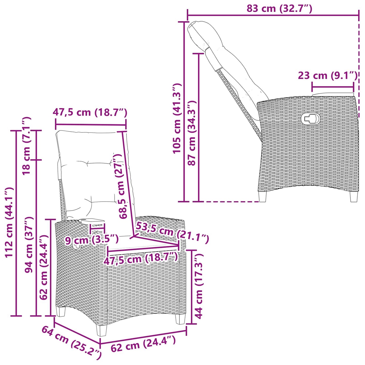 Poltrona reclinabile con tavolino 62 x 64 x 112 cm polyrattan | homemem39