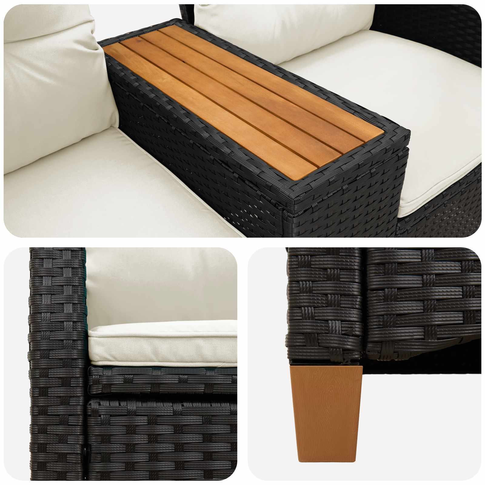 Panchina reclinabile con tavolo Nero e Bianco Crema polyrattan | homemem39
