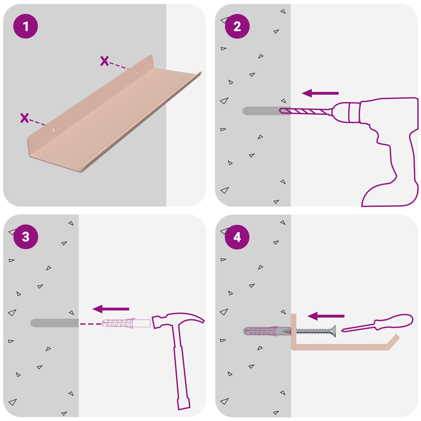 Mensola sospesa 4 pcs Rosa 30 x 9 x 2,5 cm Acciaio | homemem39