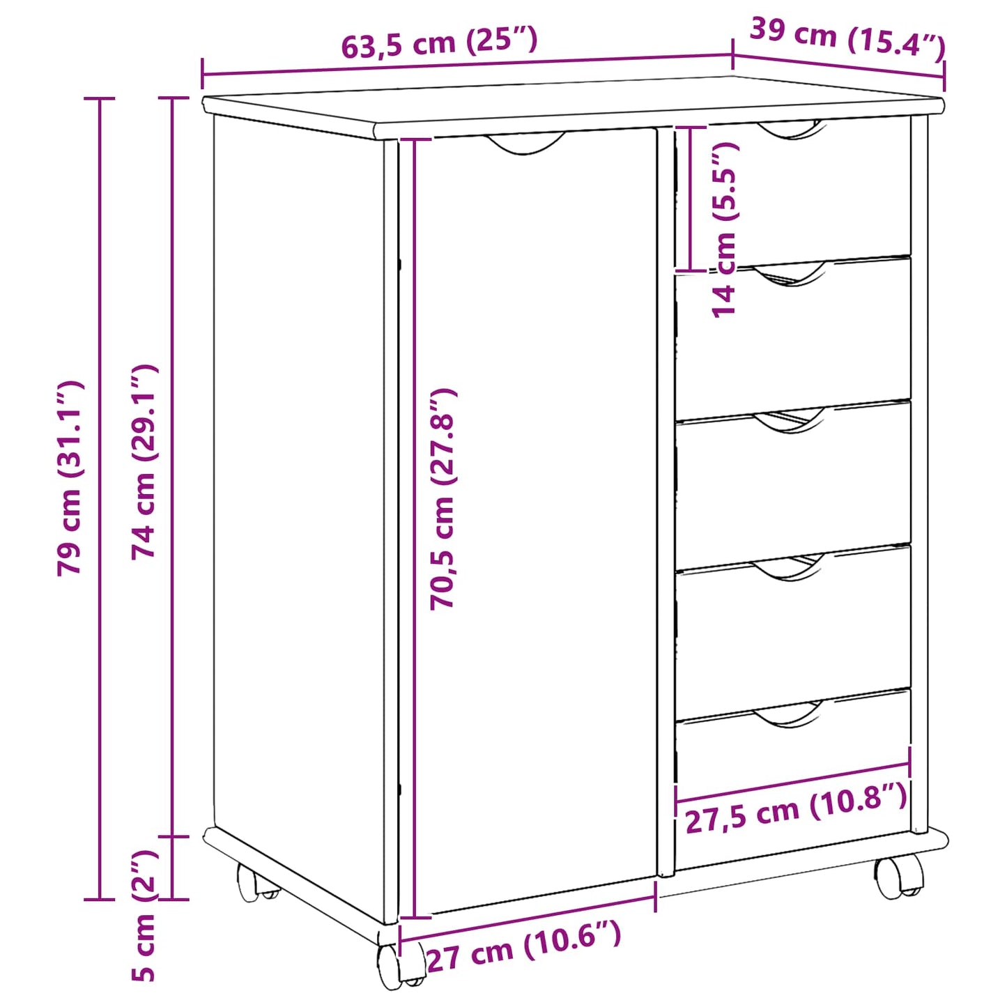 Mobile con Ruote Nero 63,5 x 39 x 79 cm Legno di Pino Massello | homemem39