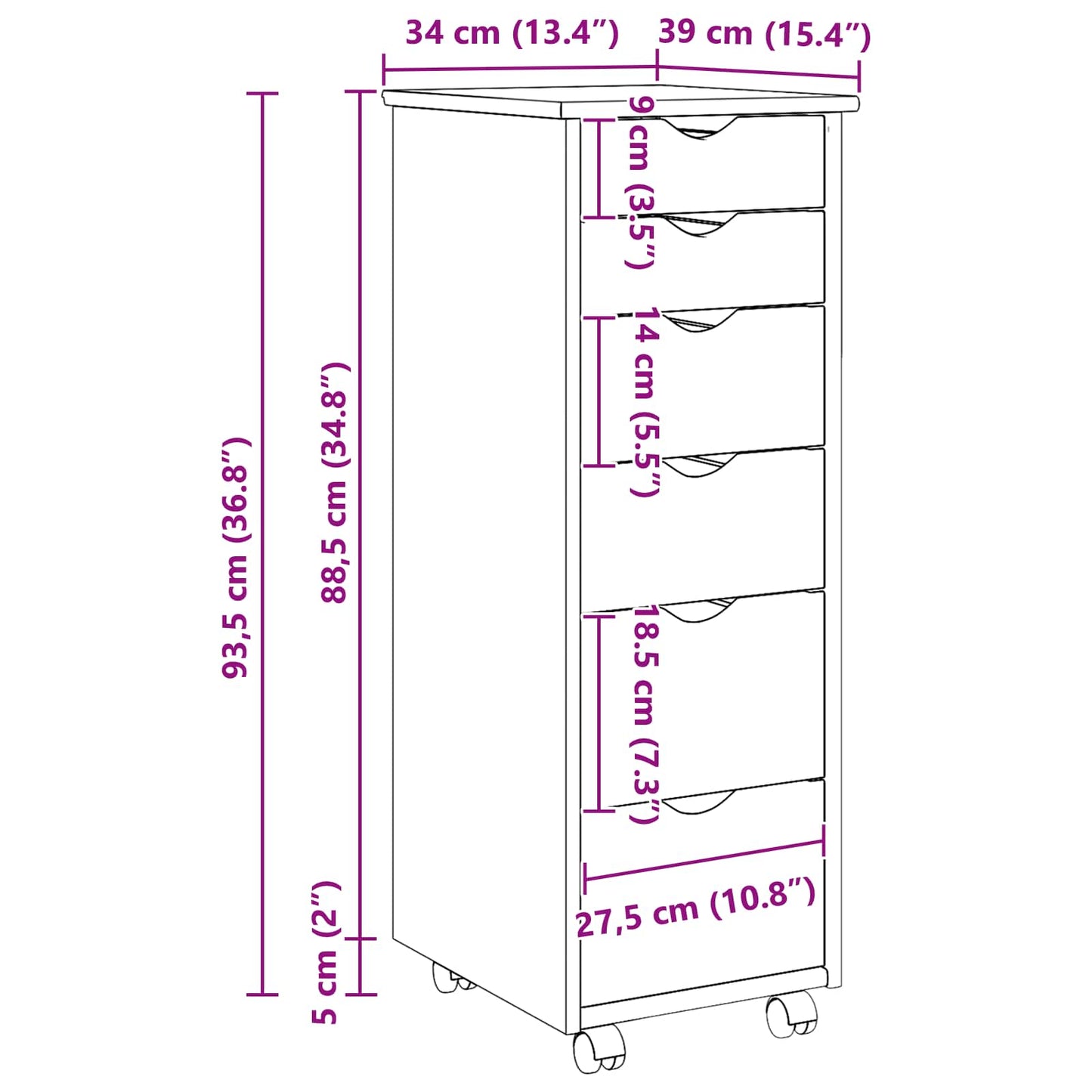 Mobile con Ruote Nero 34 x 39 x 93,5 cm Legno di Pino Massello | homemem39