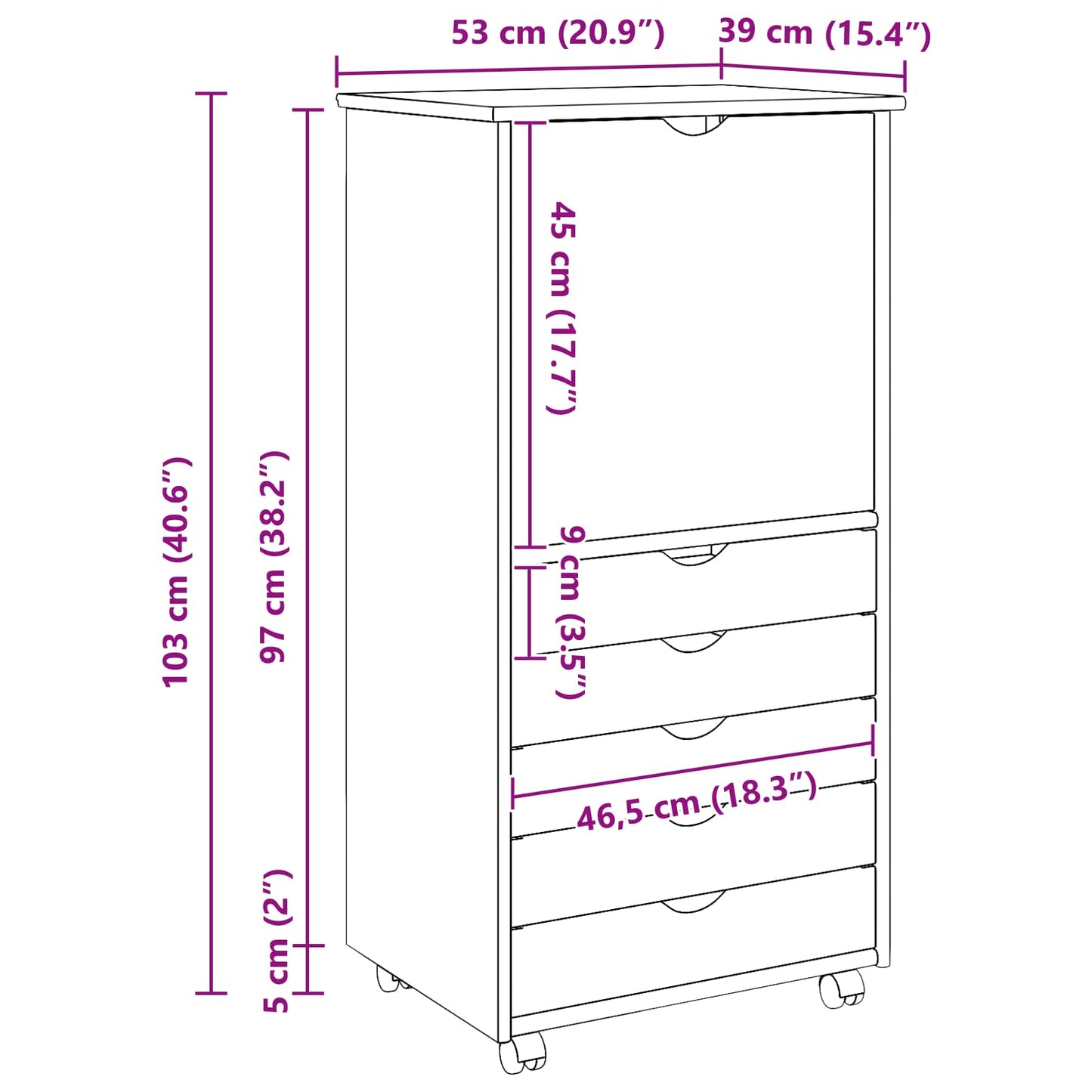 Mobile con Ruote 53 x 39 x 103 cm Legno di Pino Massello Grigio - homemem39