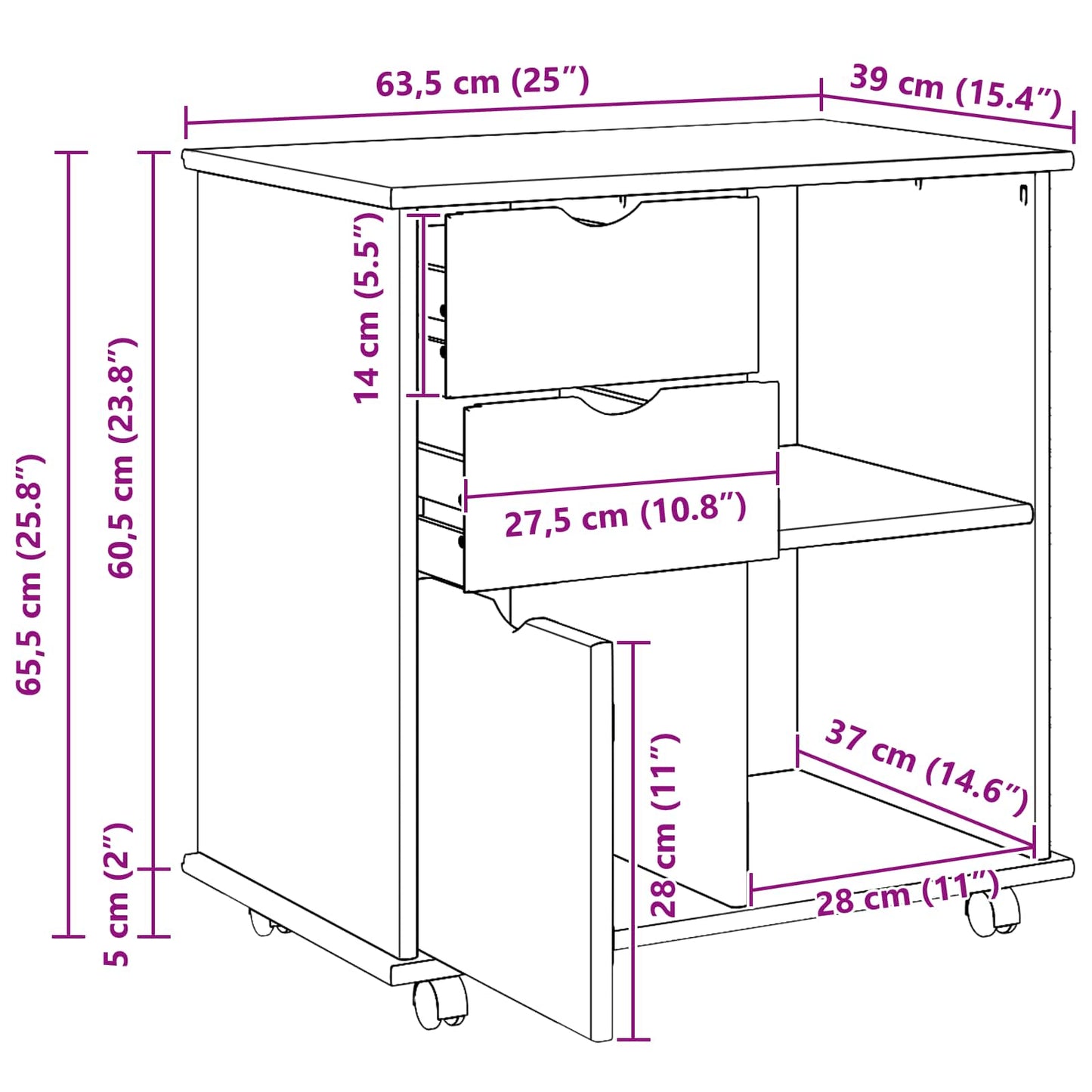 Mobile con Ruote con ruota Grigio 63,5 x 39 x 65,5 cm | homemem39