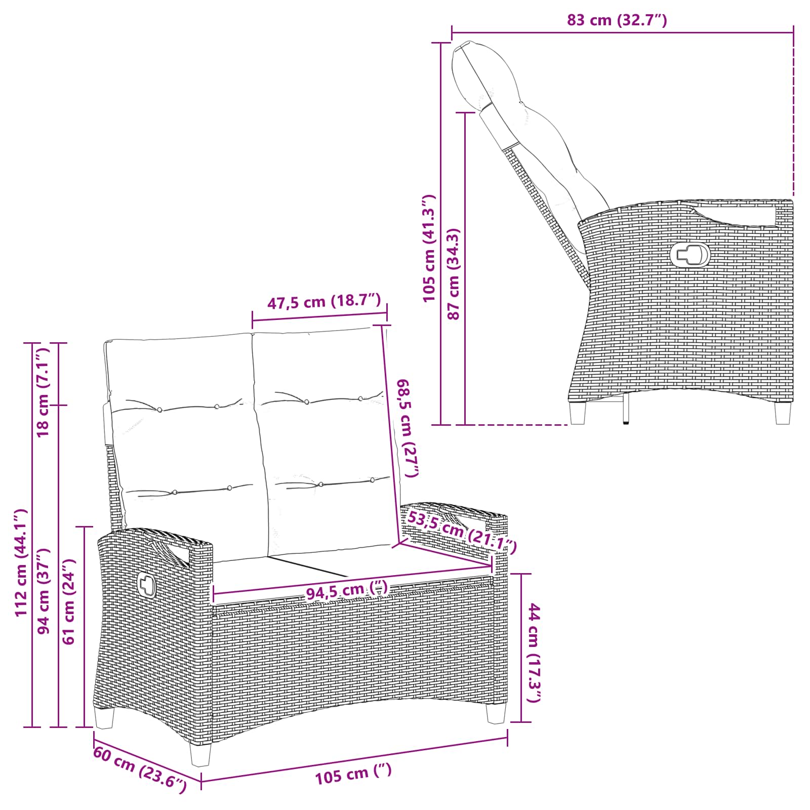 Panchina da giardino con cuscino Nero e Crema 105 x 60 x 112 cm | homemem39