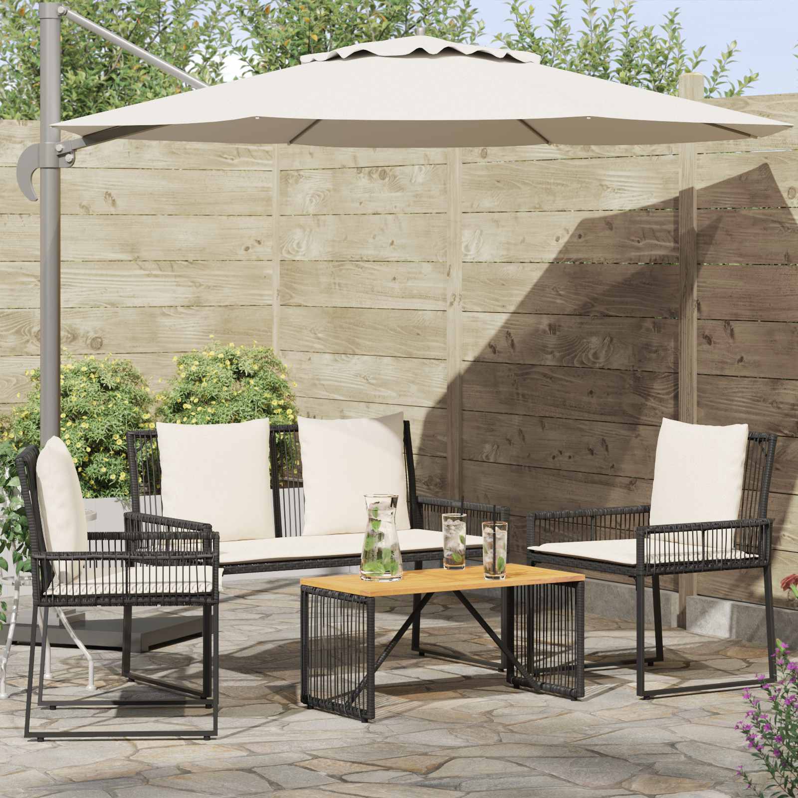 Set di Mobili da Esterno 4 pcs Nero e Bianco Crema polyrattan | homemem39