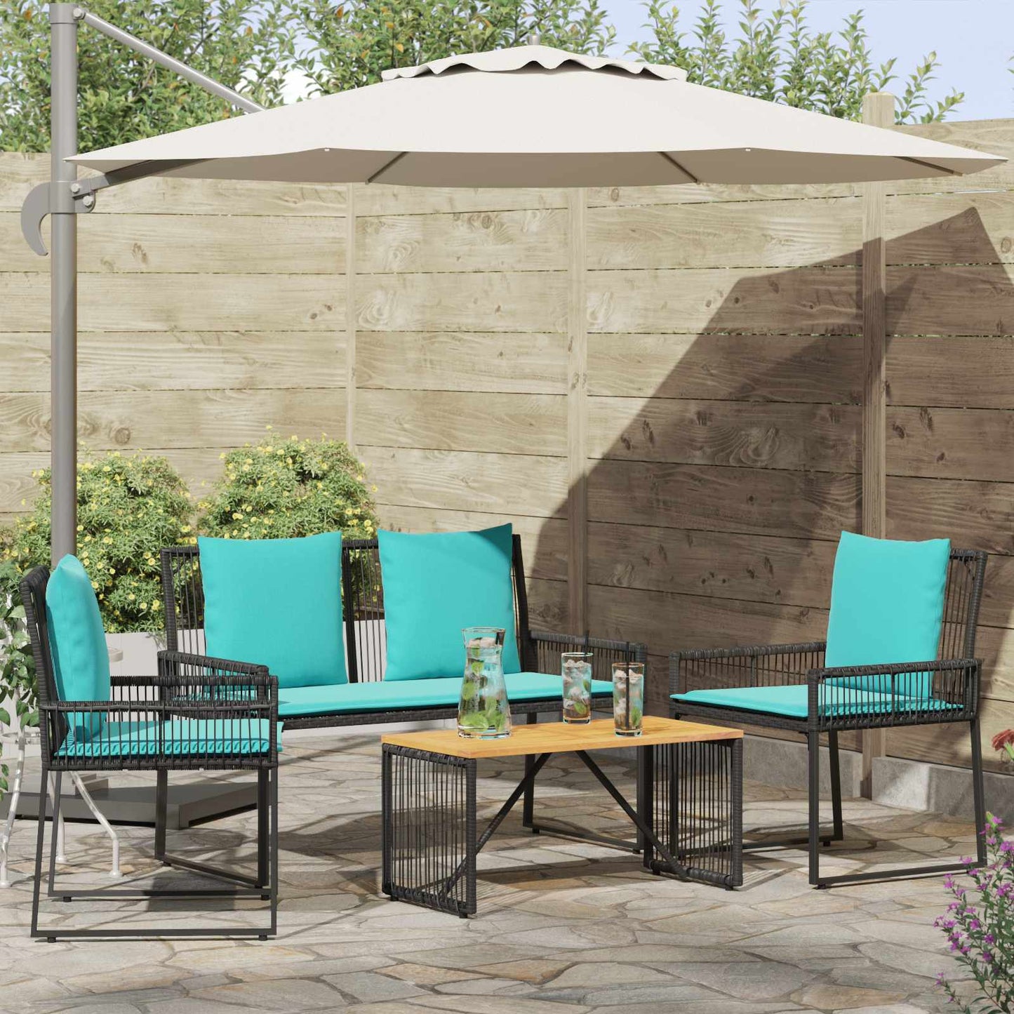 Set di Mobili da Esterno 9 pcs Nero e Turchese polyrattan