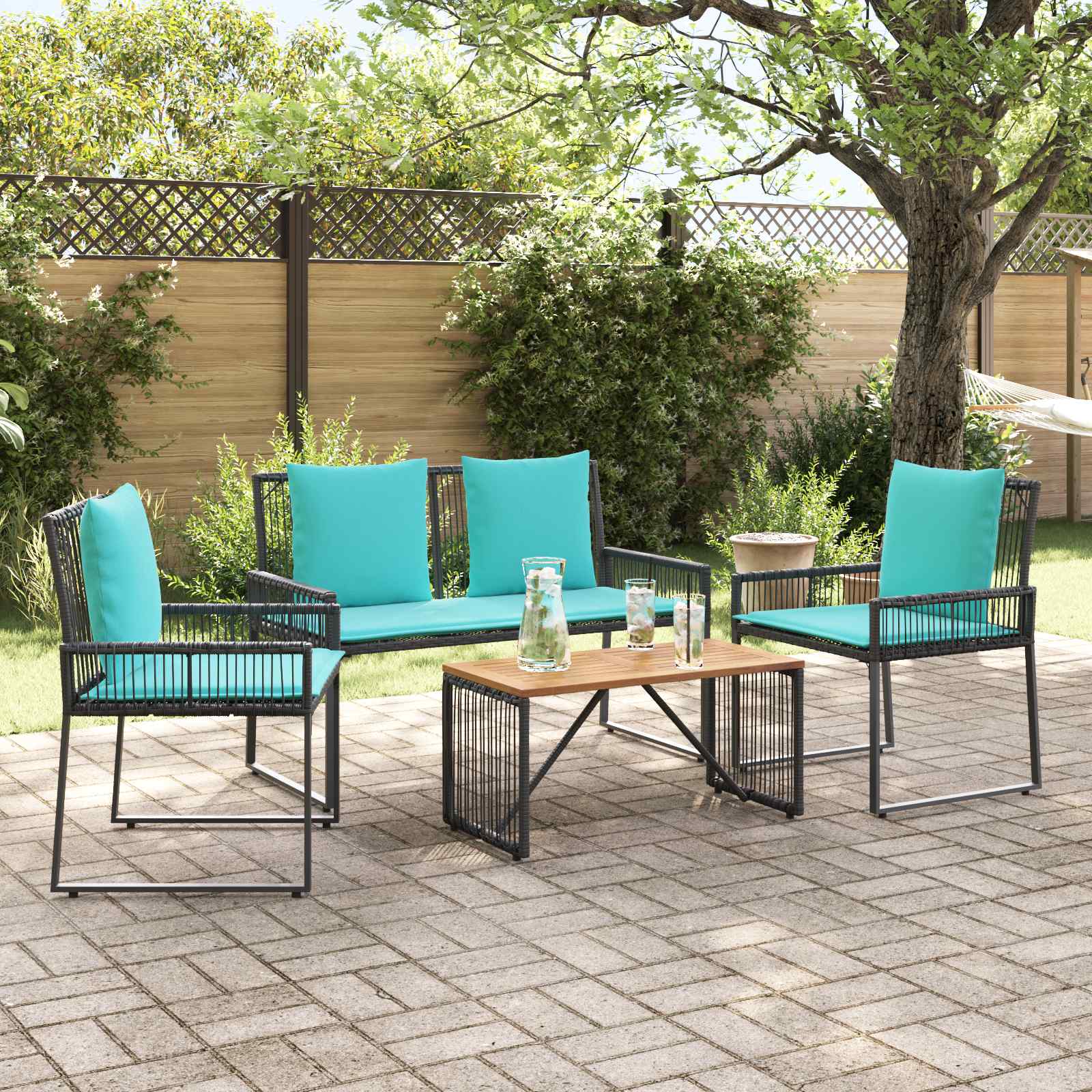 Set di Mobili da Esterno 9 pcs Nero e Turchese polyrattan | homemem39
