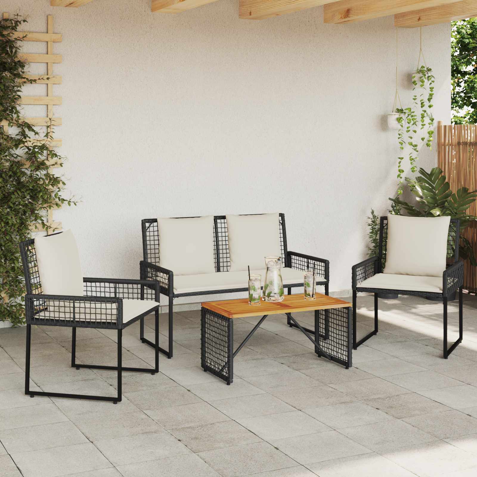 Set di Mobili da Esterno con cuscino 4 pcs Nero e Bianco Crema | homemem39