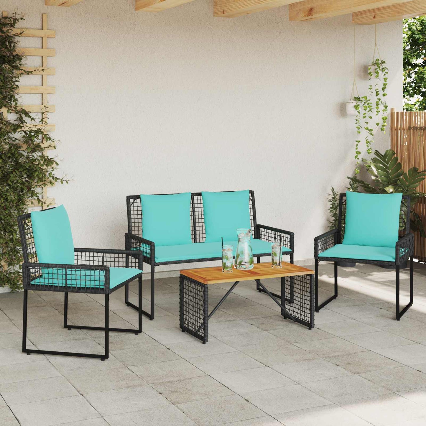 Set di Mobili da Esterno con cuscino 4 pcs Nero e Turchese | homemem39