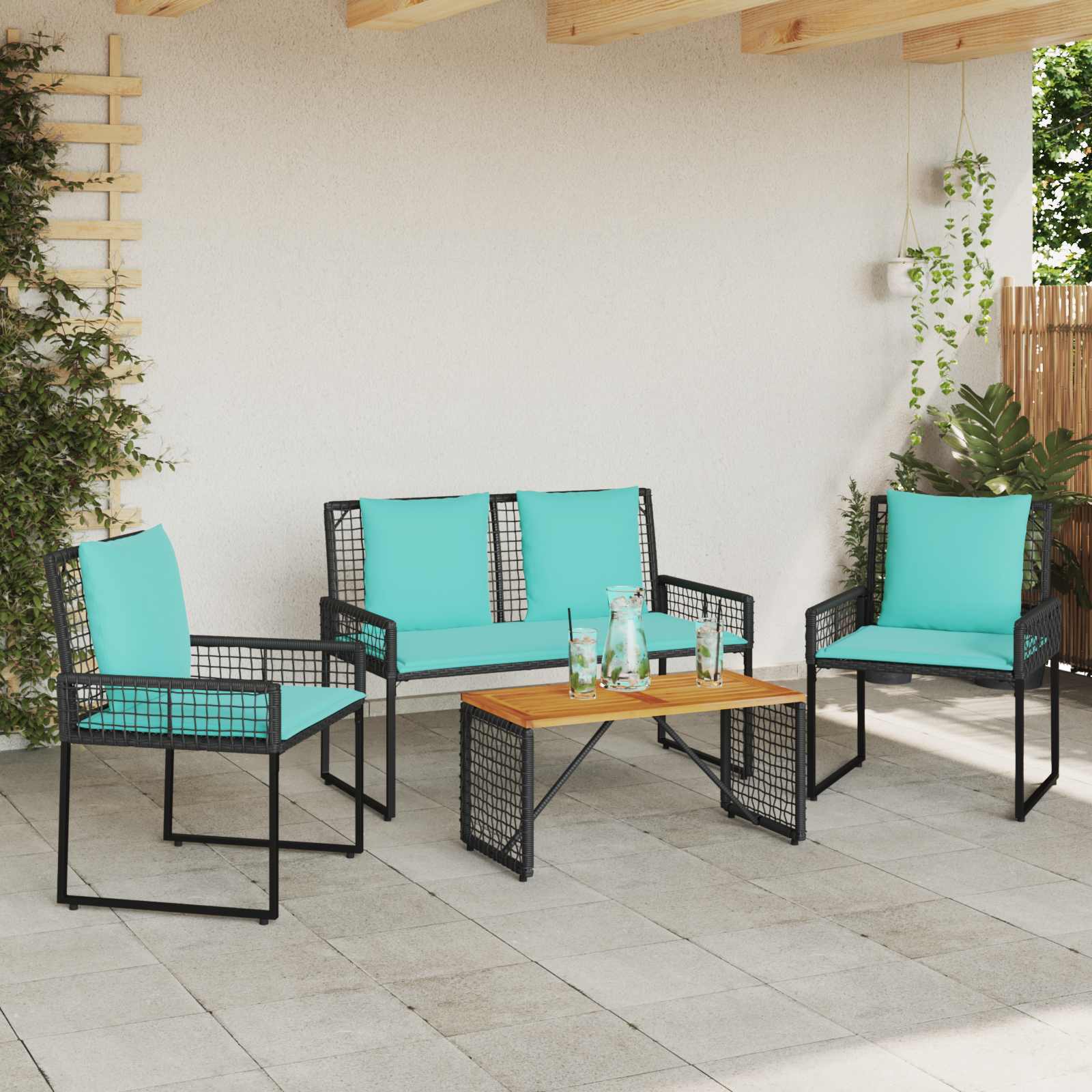 Set di Mobili da Esterno con cuscino 4 pcs Nero e Turchese | homemem39