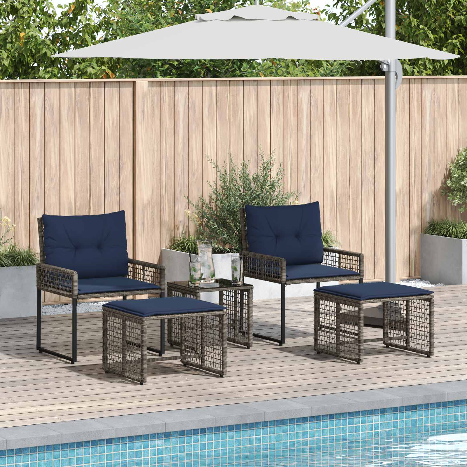 Set di Mobili da Esterno con cuscino 5 pcs Grigio e Blu Navy | homemem39