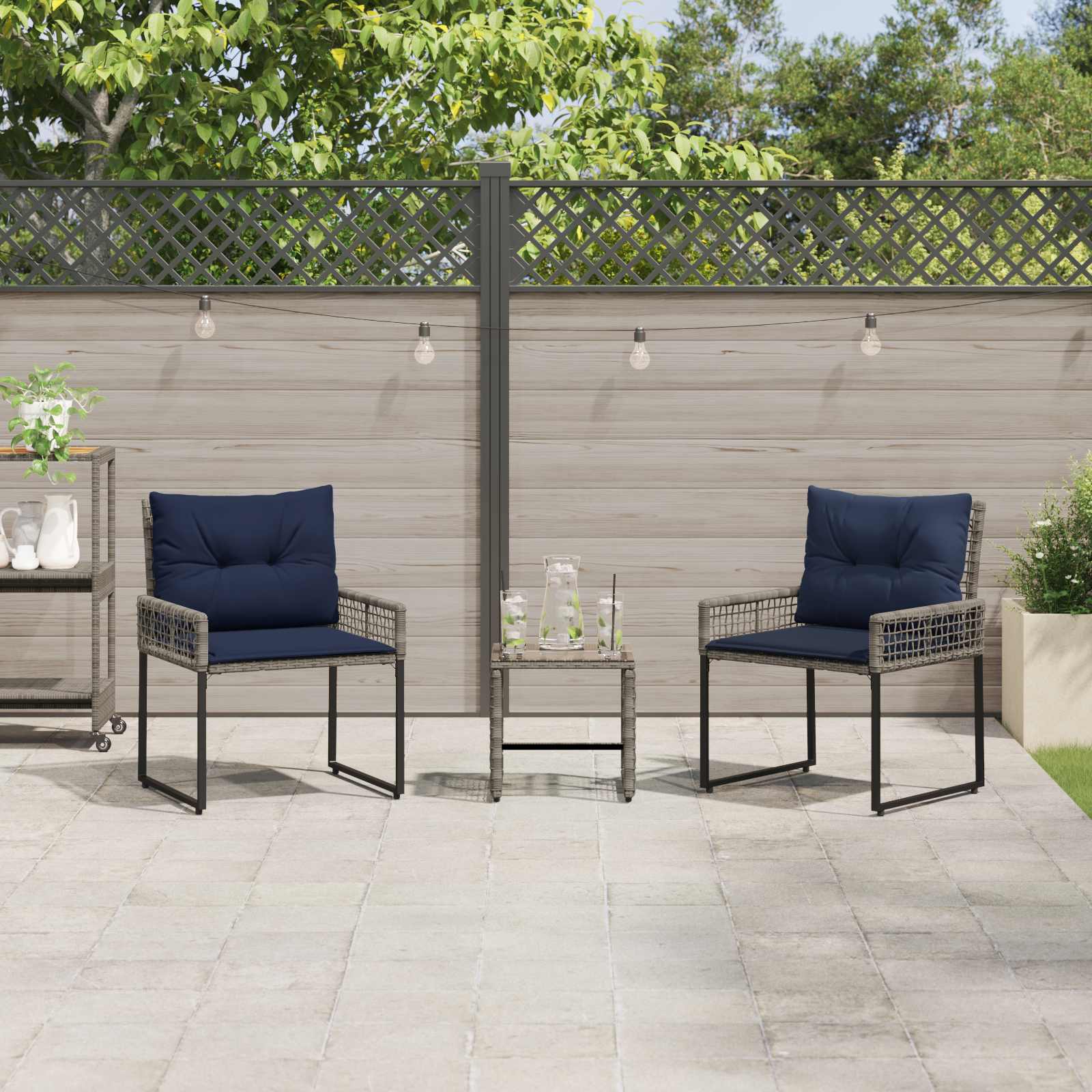 Set di Mobili da Esterno con cuscino 3 pcs Grigio e Blu Navy | homemem39