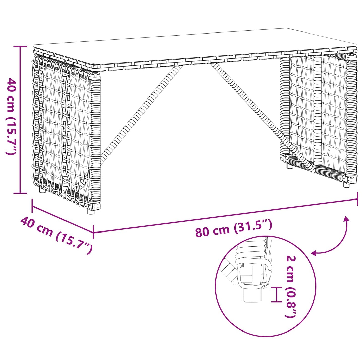 Tavolo da Esterno Nero 80 x 40 x 40 cm Rattan PE e Vetro