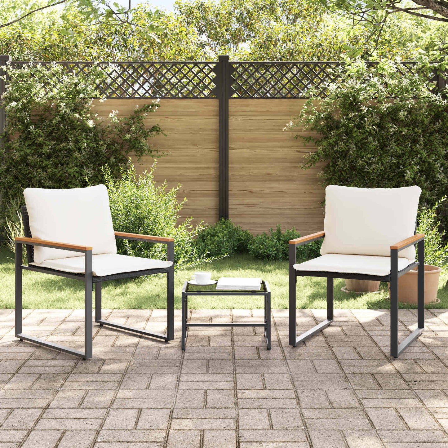 Set di Mobili con cuscino 3 pcs Nero e Bianco Crema Rattan