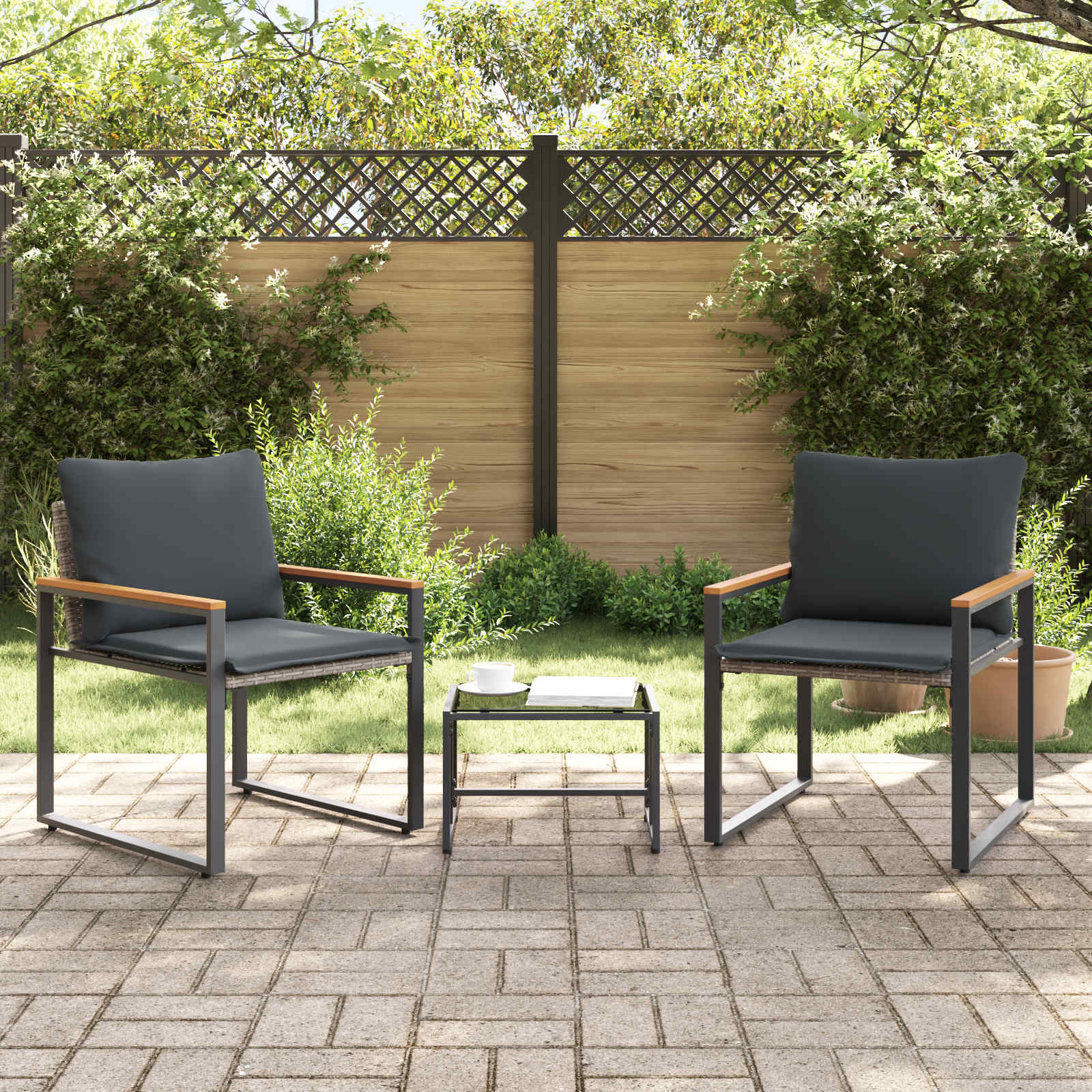 Set di Mobili con cuscino 3 pcs Grigio e Grigio Scuro Rattan | homemem39