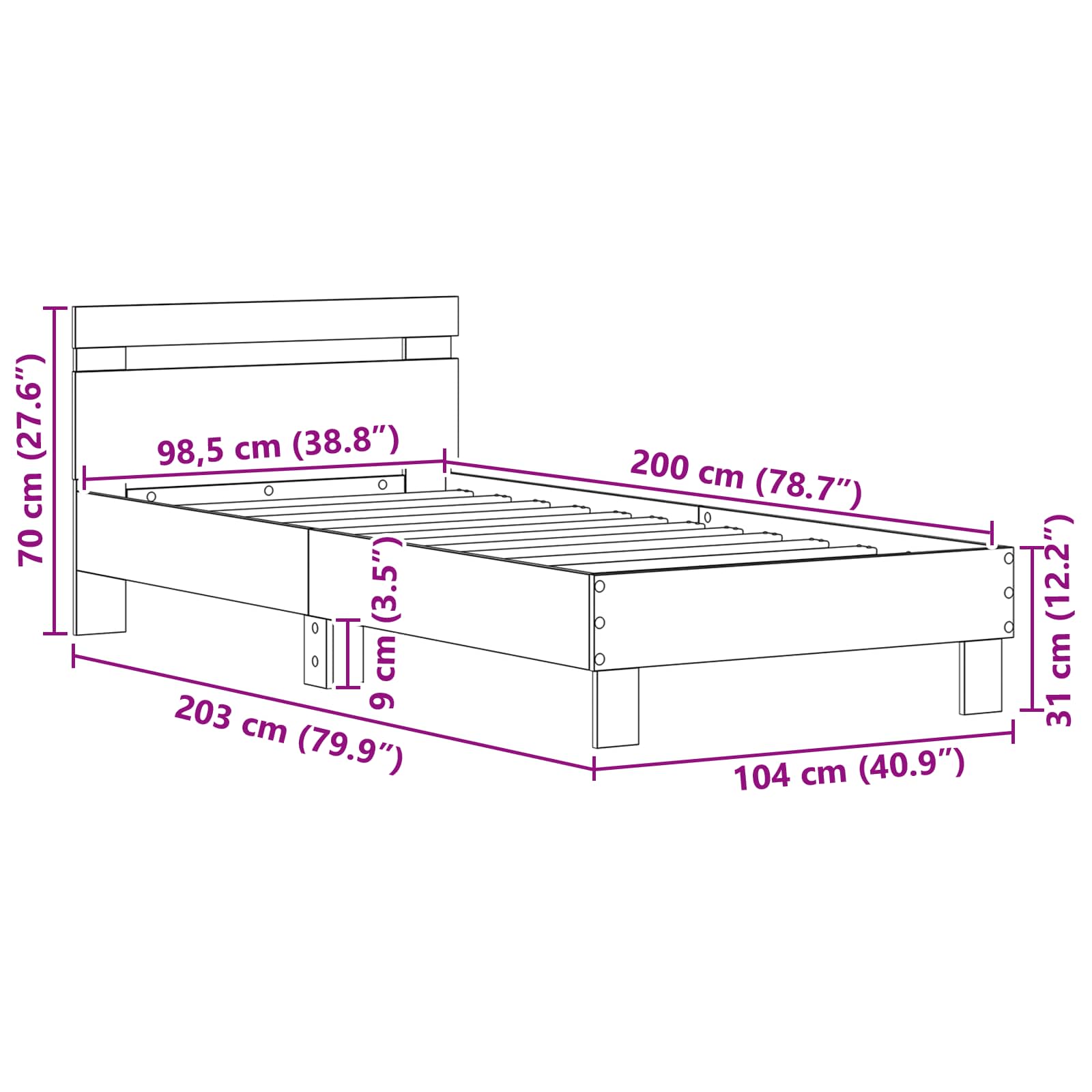 Struttura del letto Rovere Nero 98.5 x 200 cm Legno multistrato | homemem39